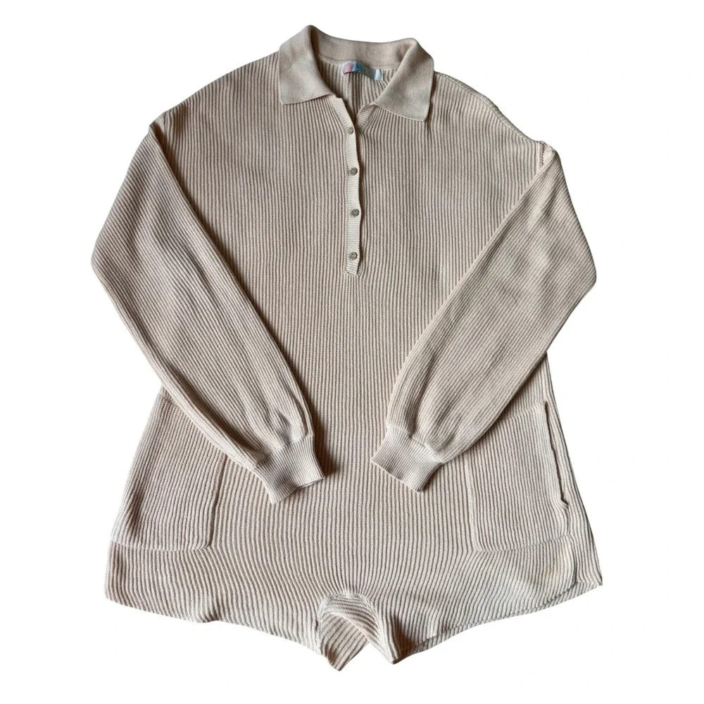 FREE PEOPLE BEACH ROMPER PICNIC SWEATER RIBBED ONE PIECE NATURAL Small